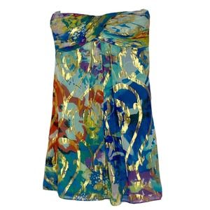 Cache Silk Strapless Dress Colorful Metallic Pleat Bubble Hem Mini Dress Sz 2